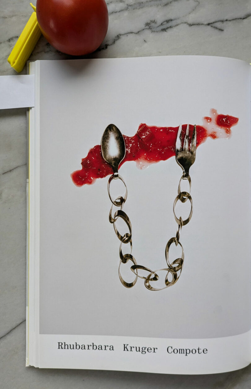 A page from a cookbook showing a fork and spoon chain with red splatter art titled 'Rhubarbara Kruger Compote'.