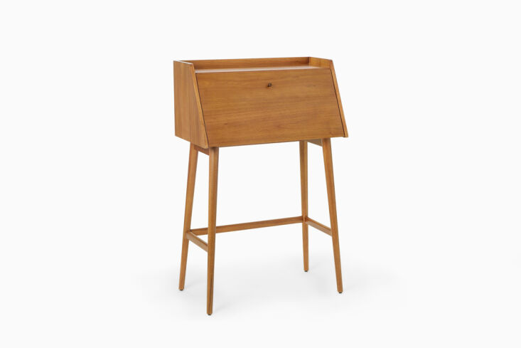 Acorn-finish mid-century modern mini secretary desk with tapered legs.