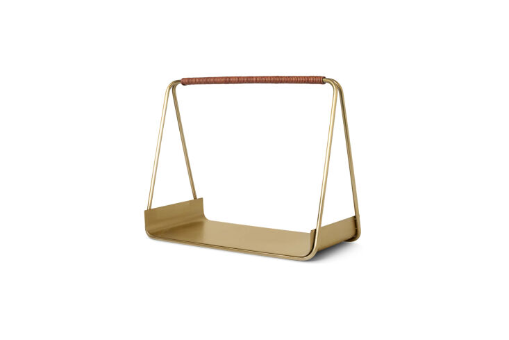 Ferm Living Port Wood Basket with a tray-like design and leather handle.