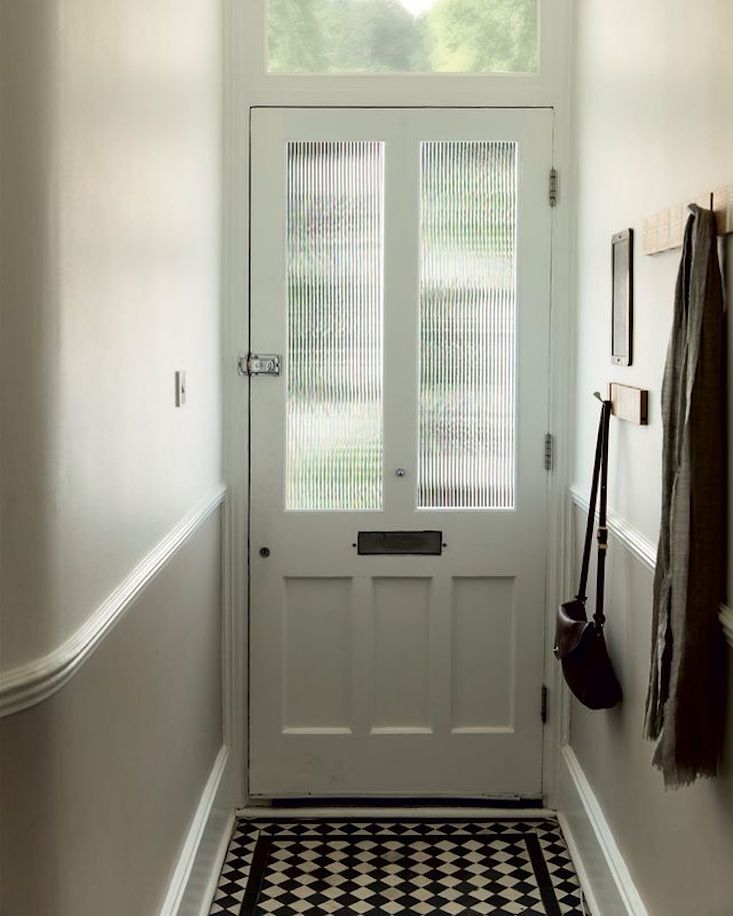 A modern window treatment using fluted glass film to create a mid-century modern look.
