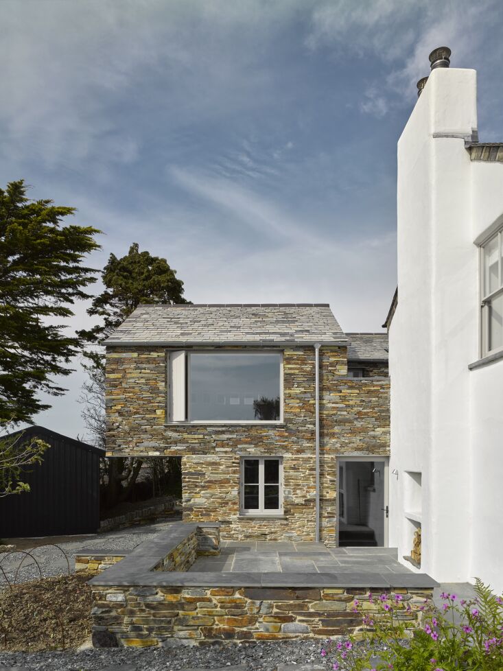 Detail shot of the coarse stonework on the building extension, sourced from a nearby quarry.