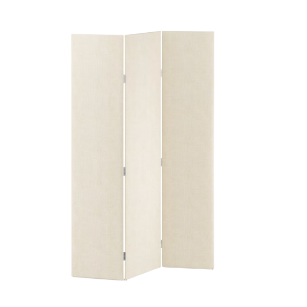 A tall open-shelving unit filled with books and decor separating a living zone from a dining zone.