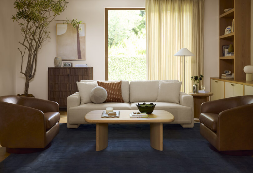 A spacious, sun-drenched modern living room with a blue rug and contemporary furniture.