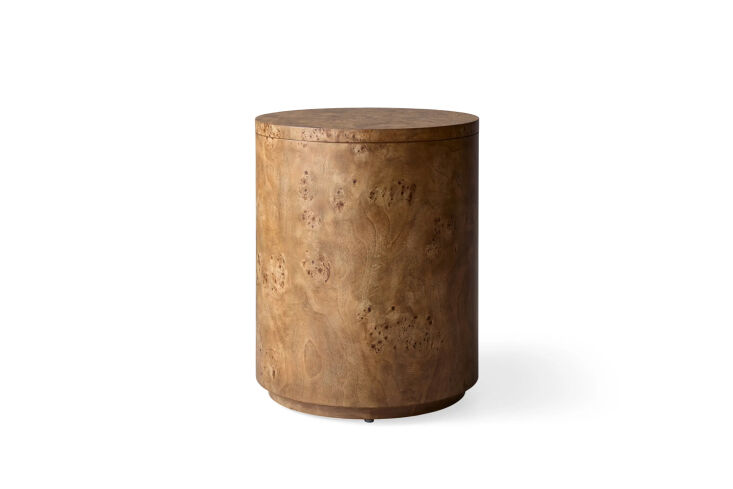 The Arhaus Corey Round End Table in a dark Braun mappa burl finish.