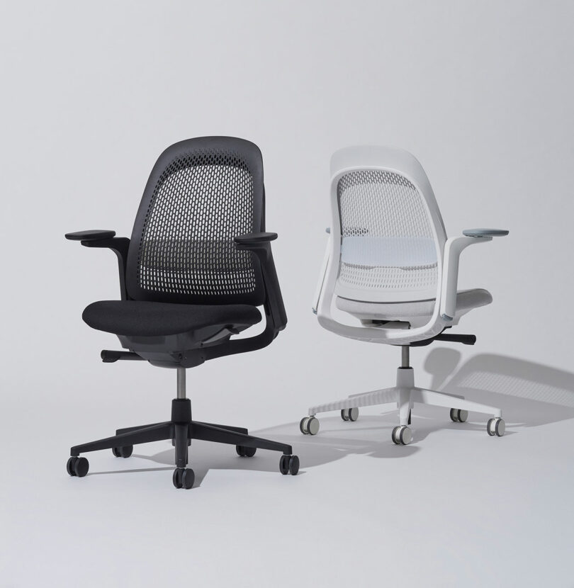 Comparison of black and white Haworth Breck chair models.