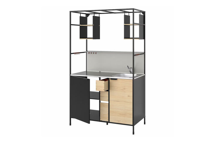IKEA Äspinge kitchenette with a steel frame, sink, and storage space.