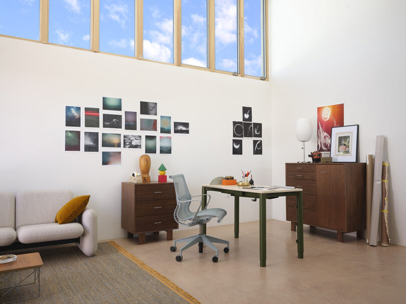 Herman Miller Spout desk in an Olive finish within a well-decorated modern home office.