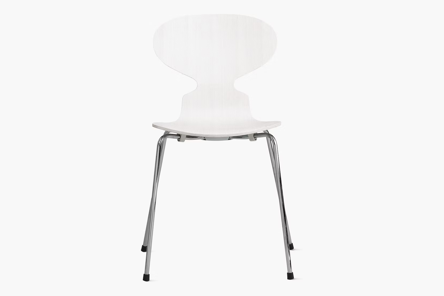 Classic Arne Jacobsen Ant Chair in a natural wood finish with chrome legs.