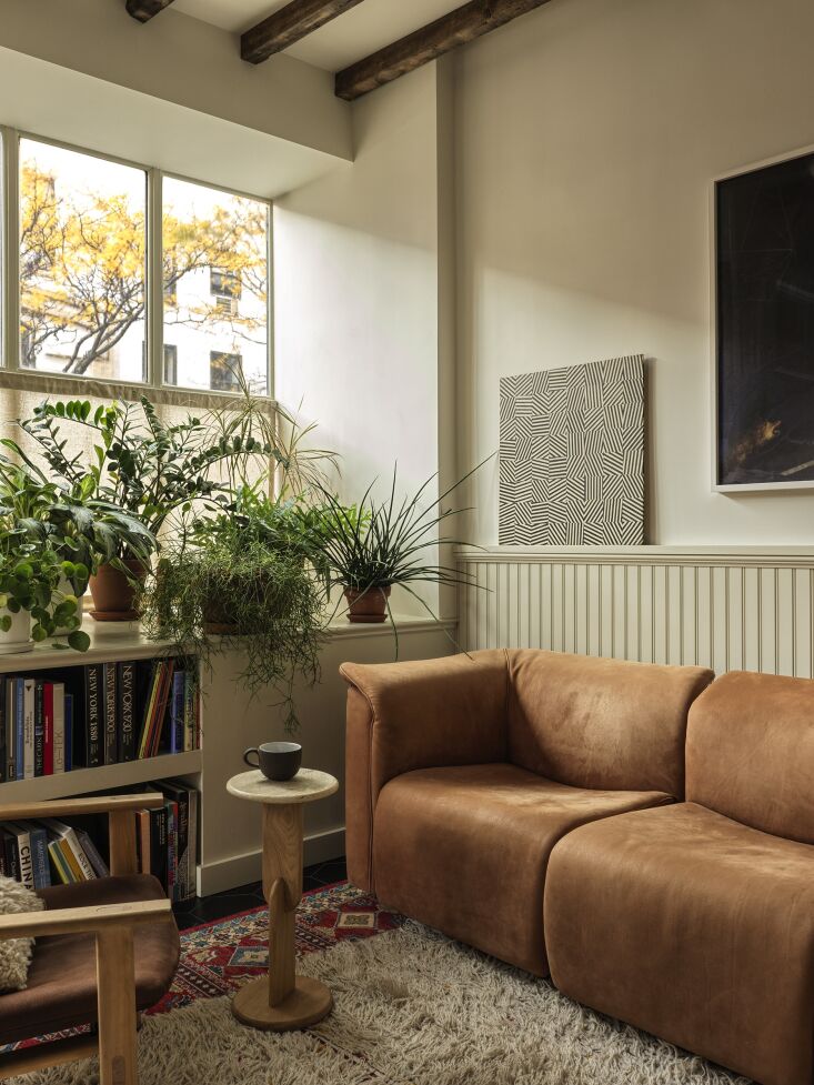 Lounge area with a vintage leather Wittmann sofa and Arne Jacobsen 4700 chairs.