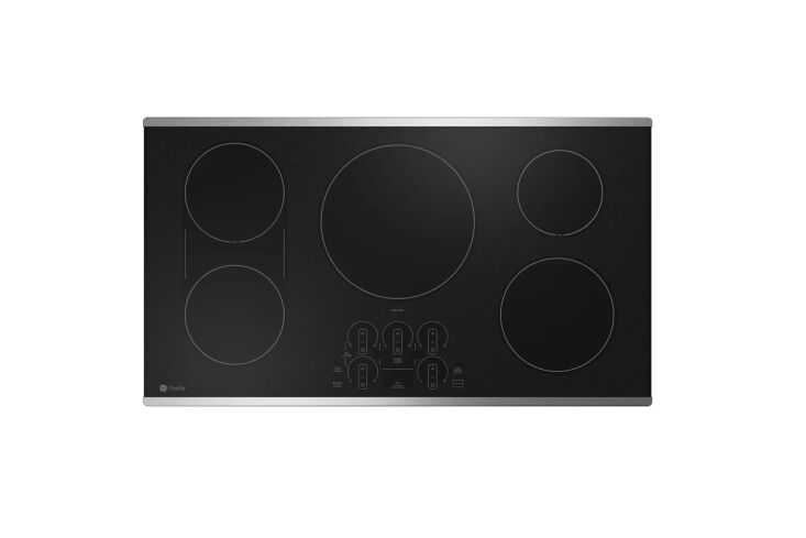 Top-down view of the GE Profile 36-inch induction cooktop with touch controls.