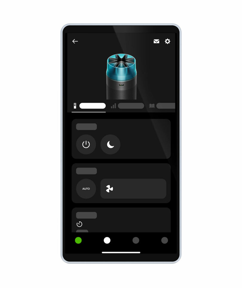 A smartphone showing the MyDyson app interface with air quality data and fan controls.