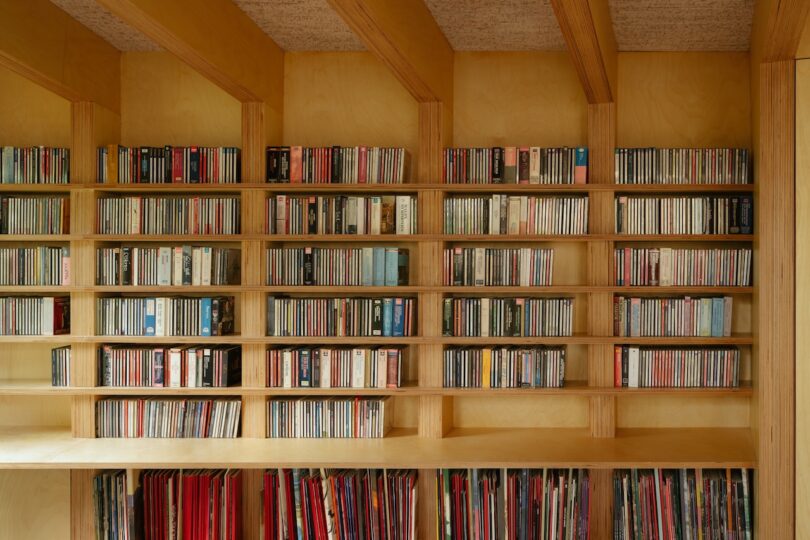 Close-up of wooden shelves filled with organized CDs and vinyl records.