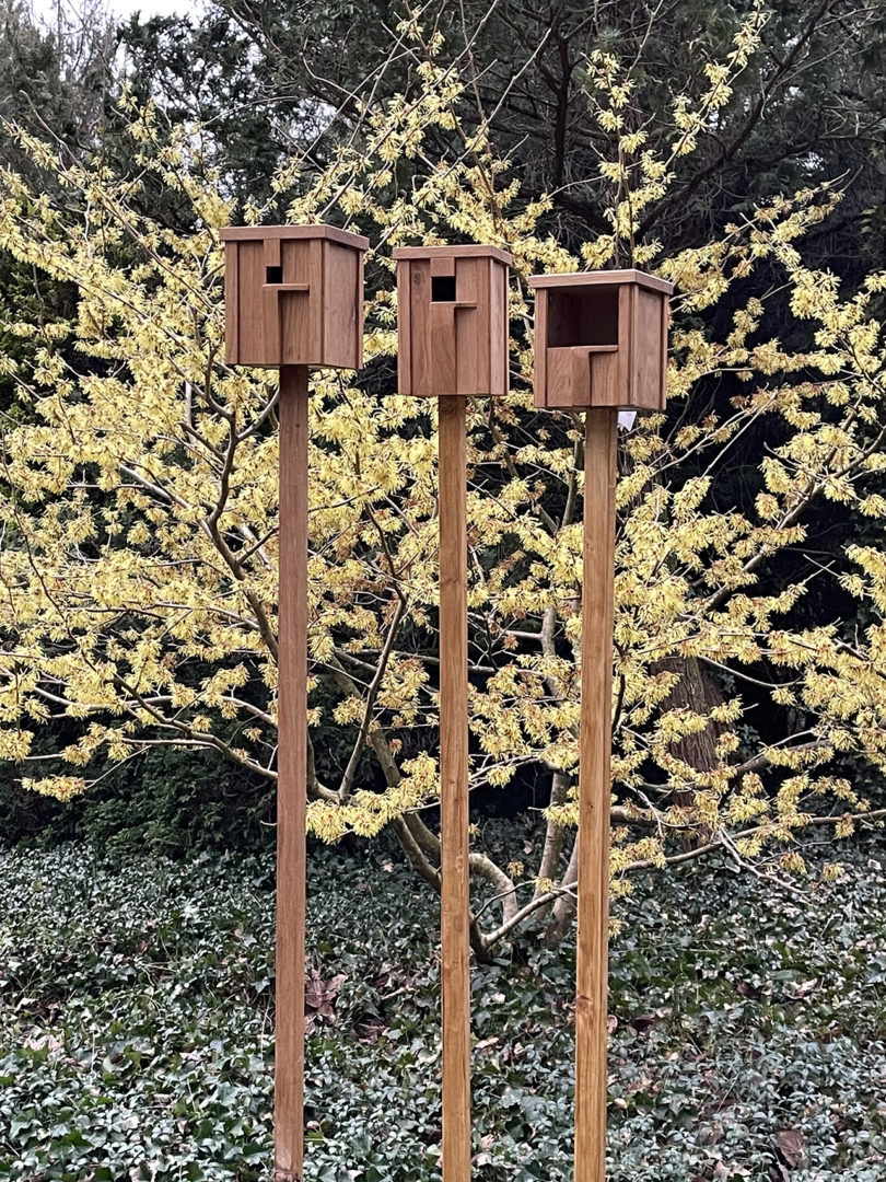 Three different modern wood bird nesting boxes mounted on stakes in a garden.