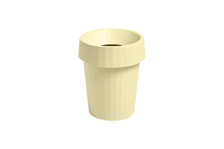 A pale yellow plastic waste basket with a subtle pleated texture.