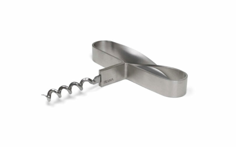 Minimalist stainless steel corkscrew with a distinct looped flat handle design.