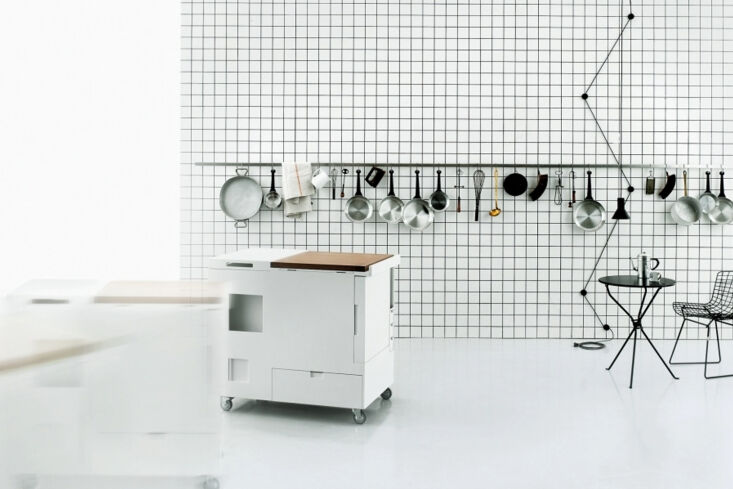 Boffi Minikitchen mobile unit on casters with built-in appliances.