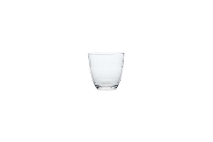 Six Duralex Gigogne glasses arranged in a row.
