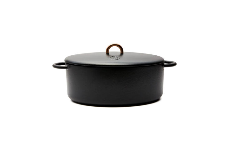 A matte-finished Great Jones The Dutchess oval Dutch oven.