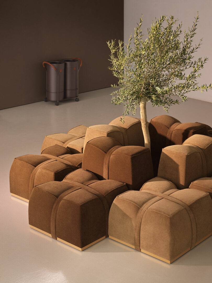 Modular brown and tan seating units arranged around a central potted tree in a minimalist room.