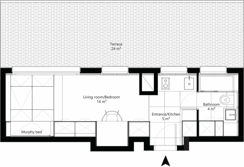 A black and white floor plan of the 23sqm apartment showing the terrace, kitchen, and Murphy bed layout.