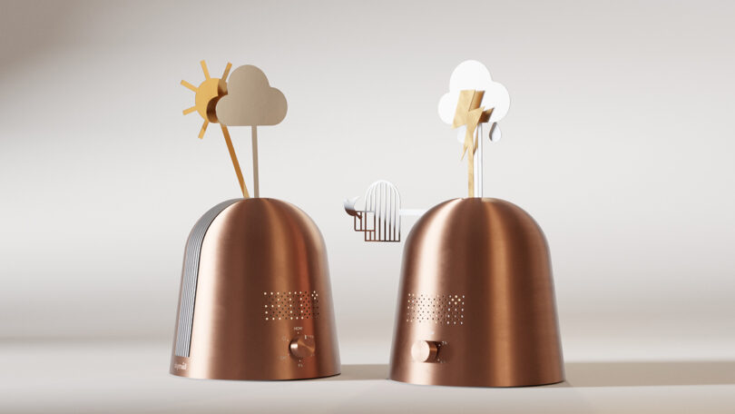 Two copper Skymill units showing different weather combinations like sun/cloud and rain/lightning.