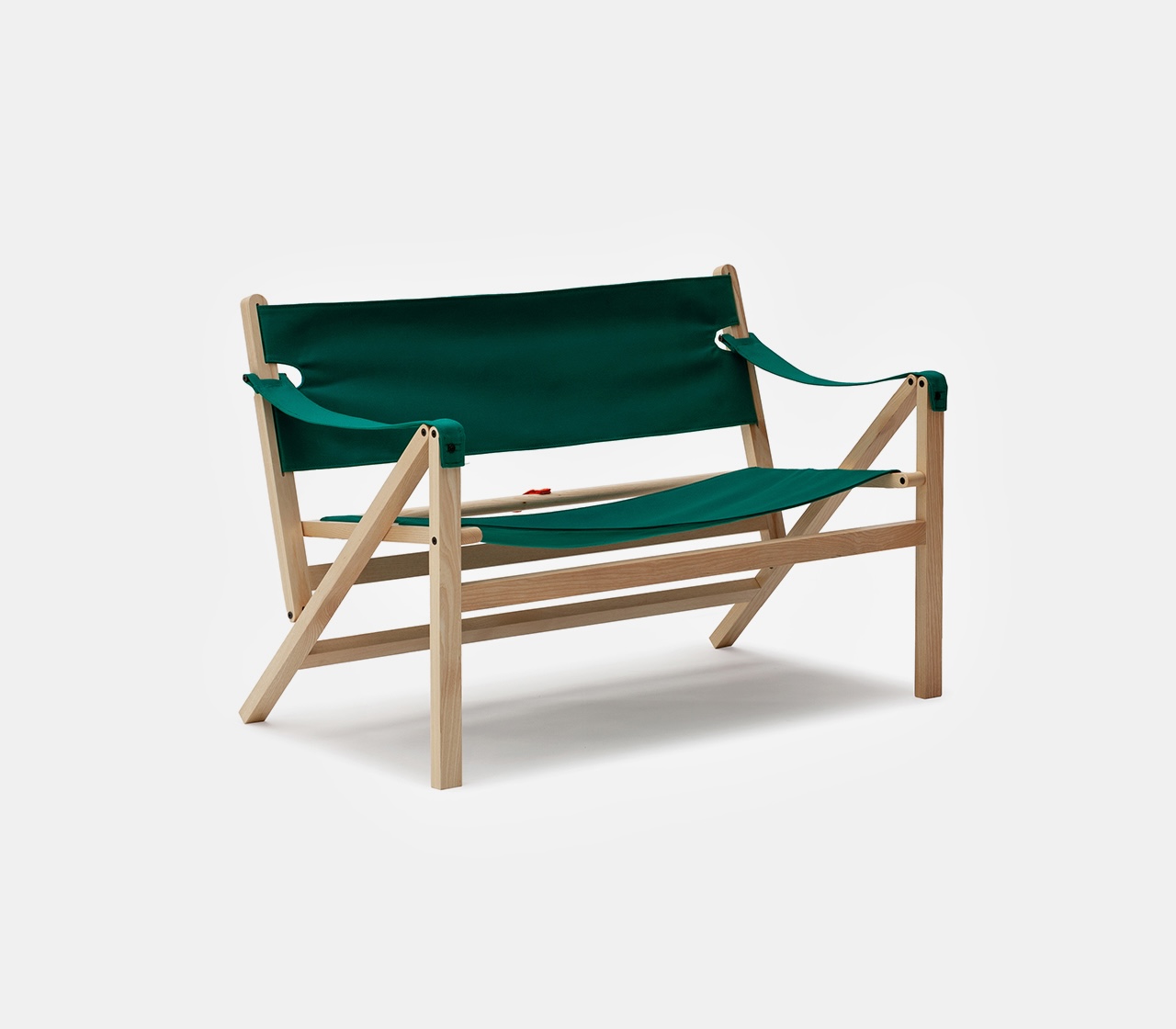 A Mehari two-seater sofa featuring a varnished wood frame and canvas seating.