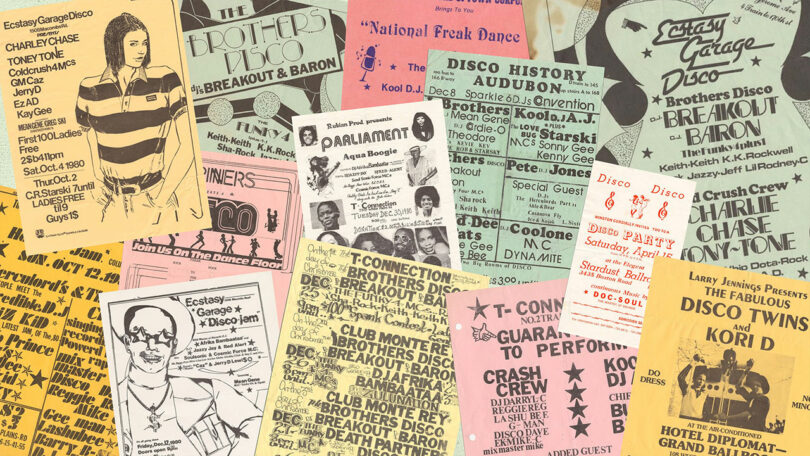 A colorful collage of vintage disco and club flyers.