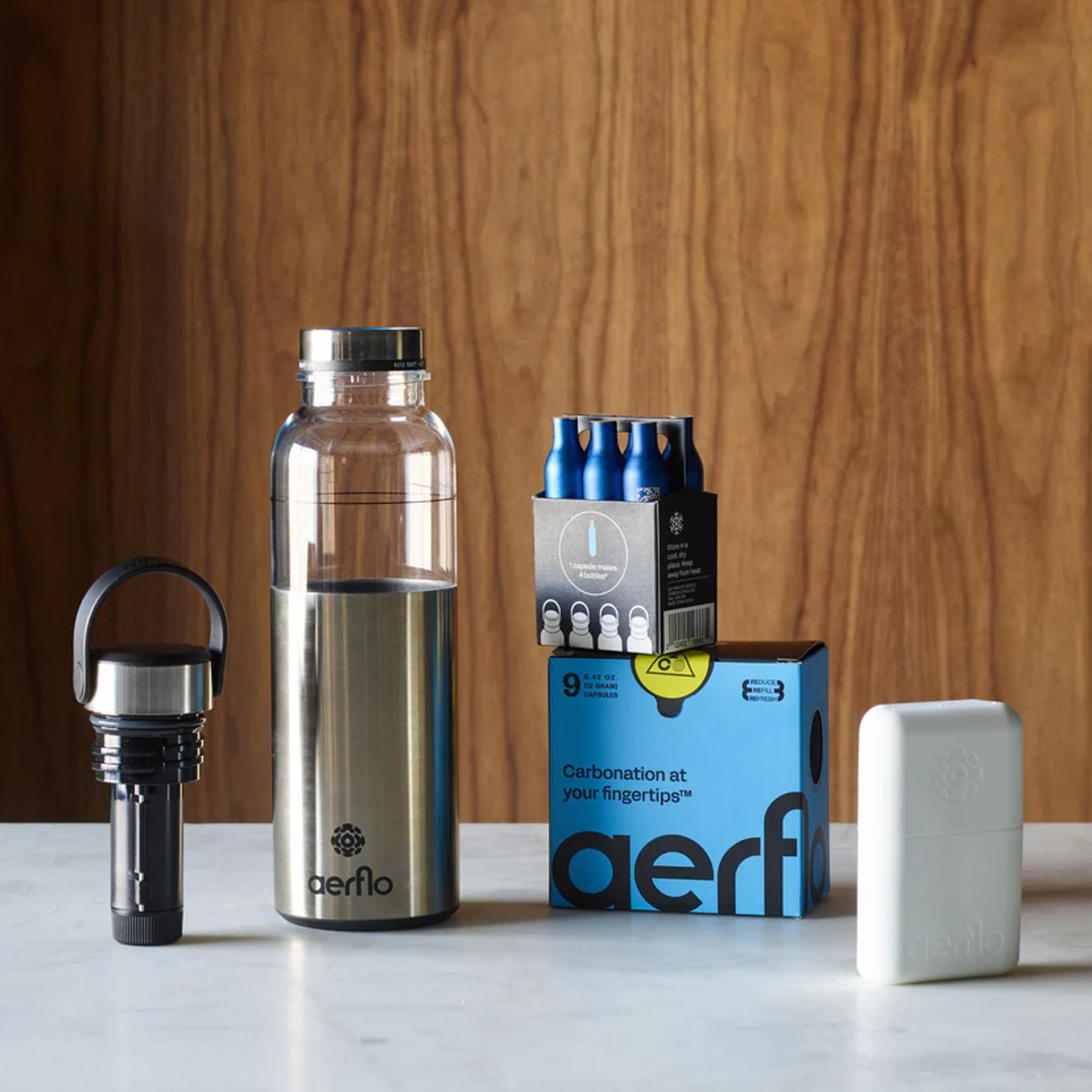 A compact and stylish portable sparkling water carbonation kit.