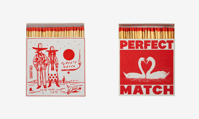Two themed matchboxes, one featuring swans forming a heart and the text 'PERFECT MATCH'.