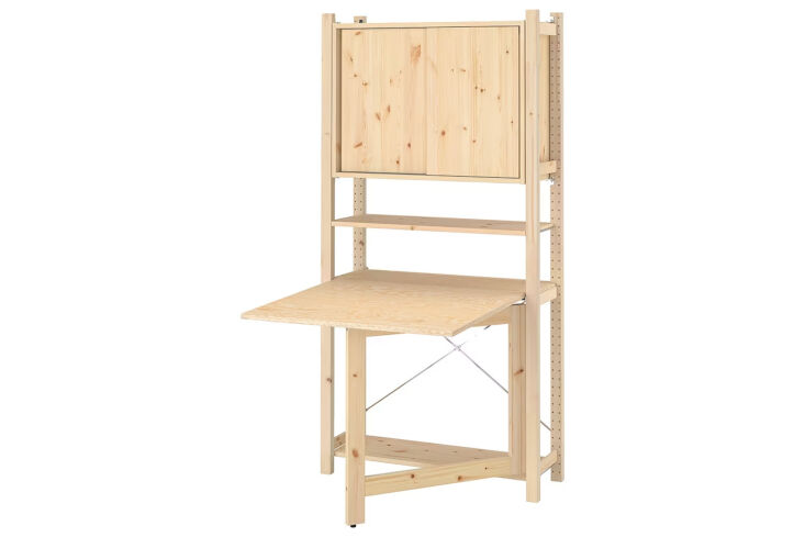 Ikea Ivar pine shelving unit with a fold-out desk section.