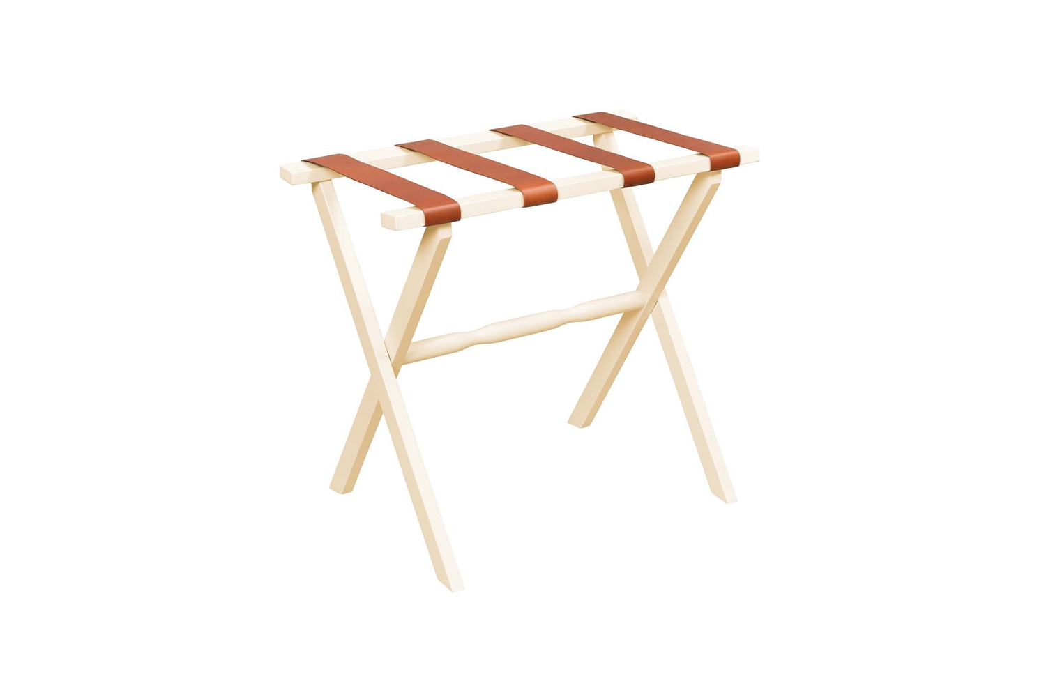 Straight leg wooden luggage rack with ivory fabric straps.