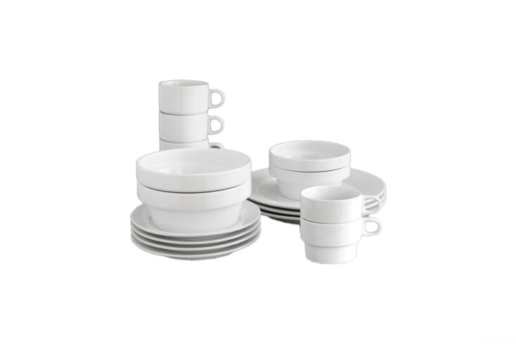 A vertical stack of white Ulm School Plates designed by Nick Roericht.