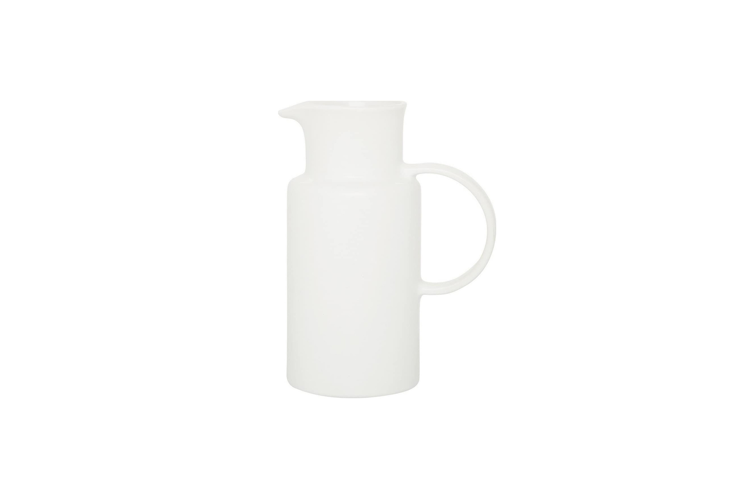 A classic cream white ceramic pitcher with a sturdy handle.