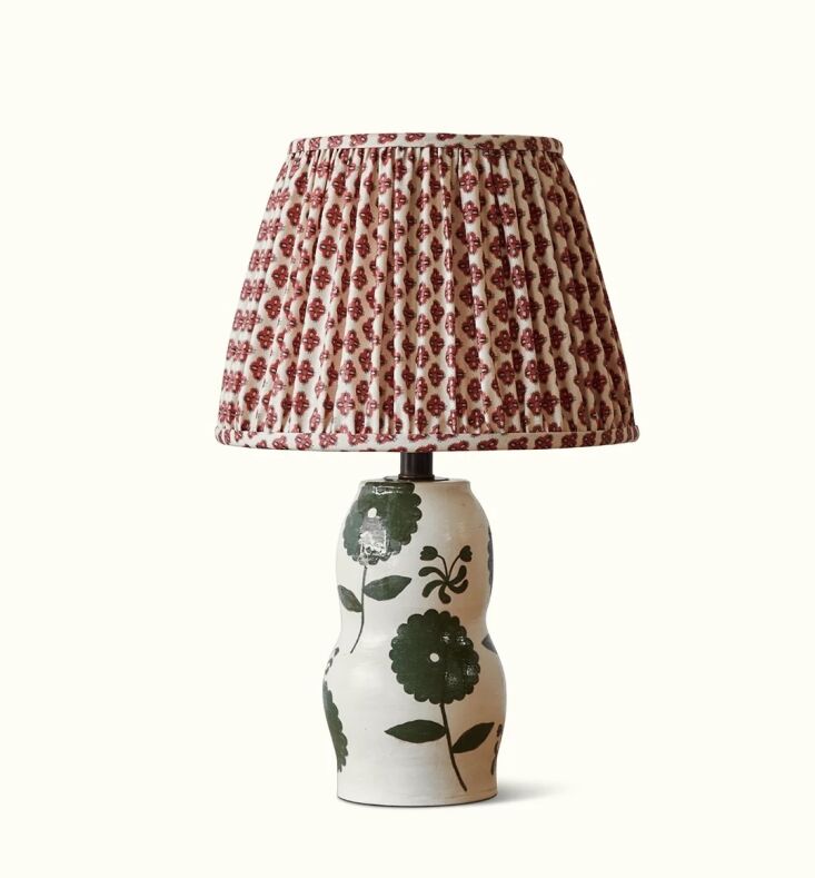 A hand-painted green floral ceramic table lamp by Rebekah Miles.