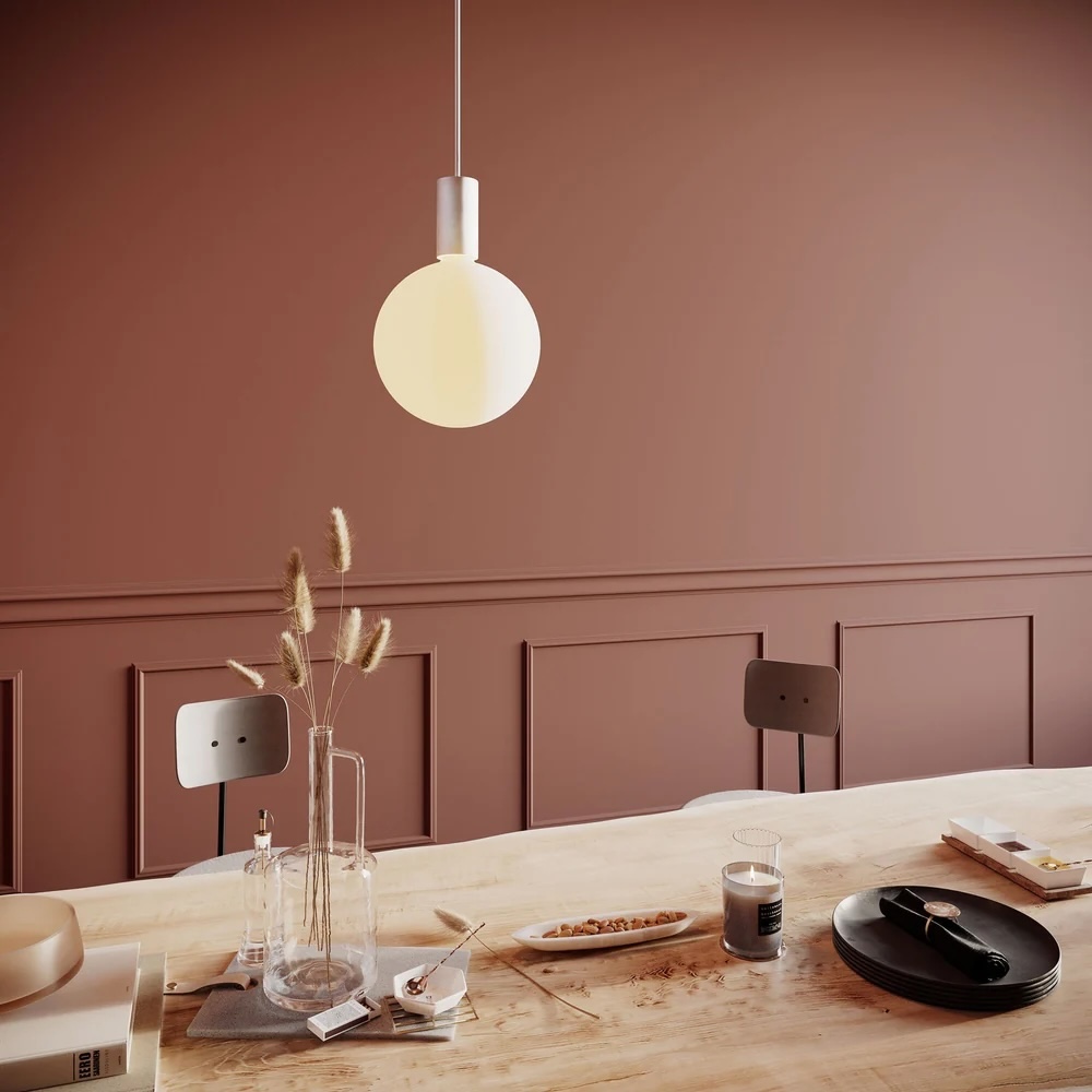 Tala Sphere V Dim-to-Warm LED Bulb paired with a minimalist white pendant fixture.