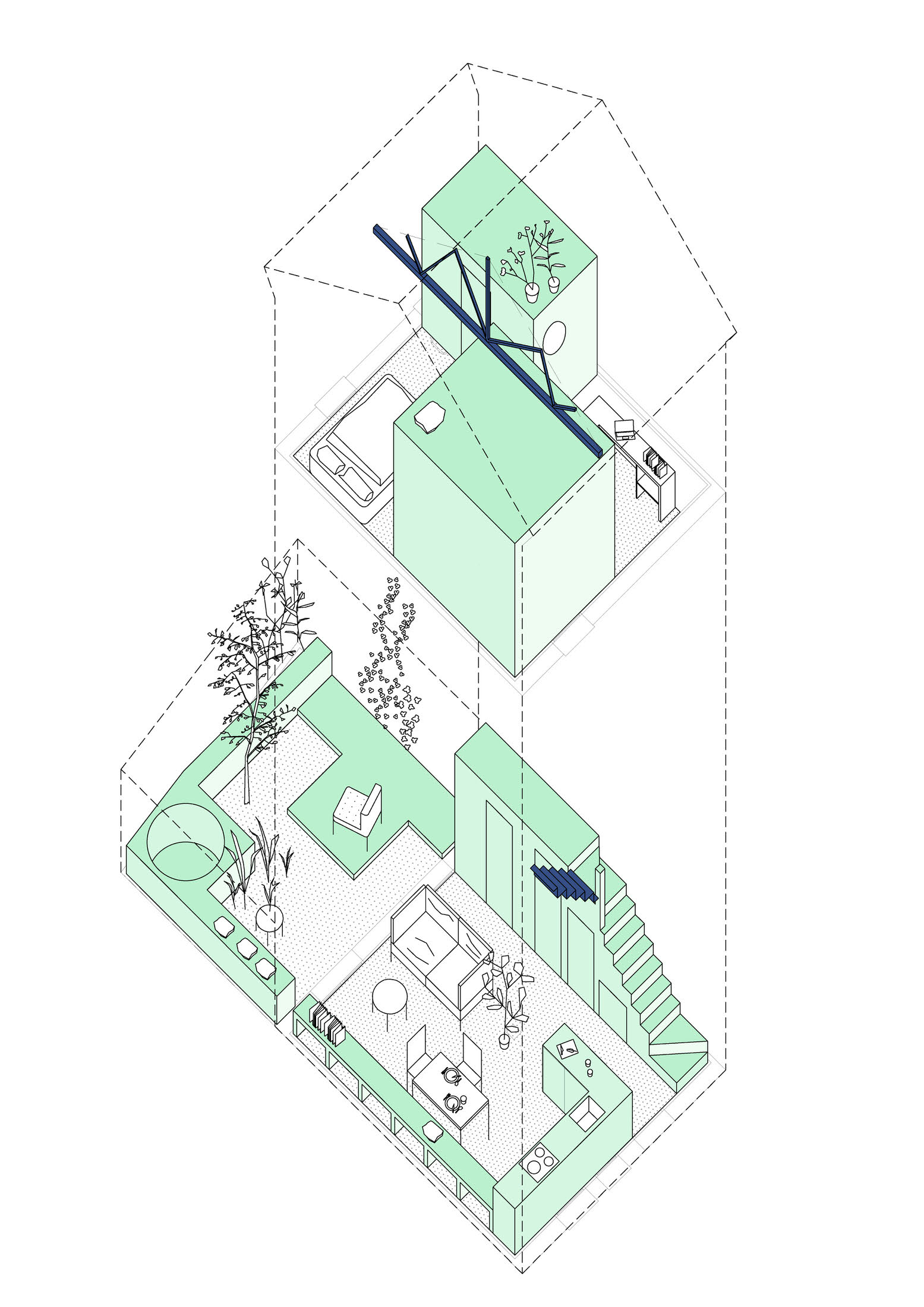 Axonometric drawing of TET House showing the structural skeleton and the green zigzag pathway.