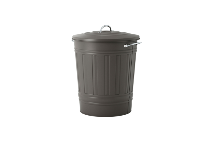 A white powder-coated steel bin with a handle and lid.