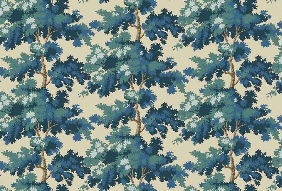 Sandberg Raphaël Blue Wallpaper featuring a dense botanical forest pattern.