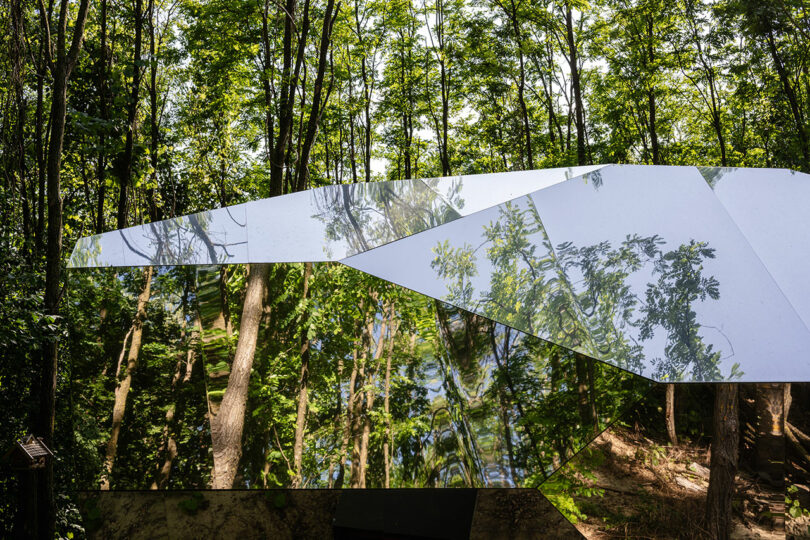 Geometric mirrored building reflecting the surrounding forest trees and greenery.