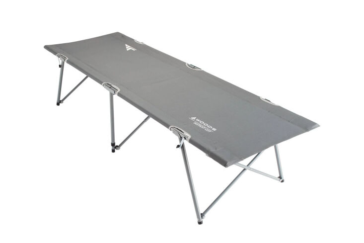A classic gray folding camping cot with a wooden frame.
