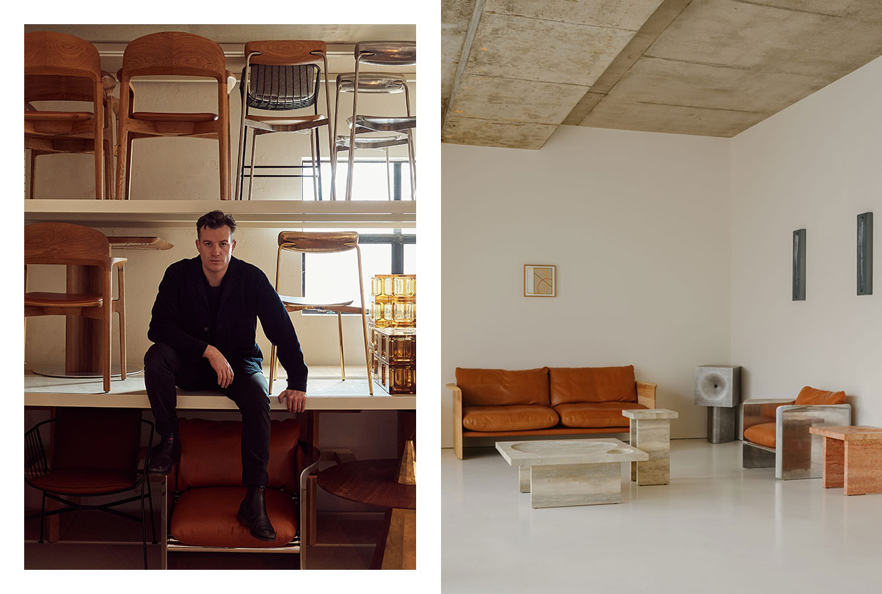 An expansive view of the studio interior with various furniture pieces arranged as a gallery exhibit.