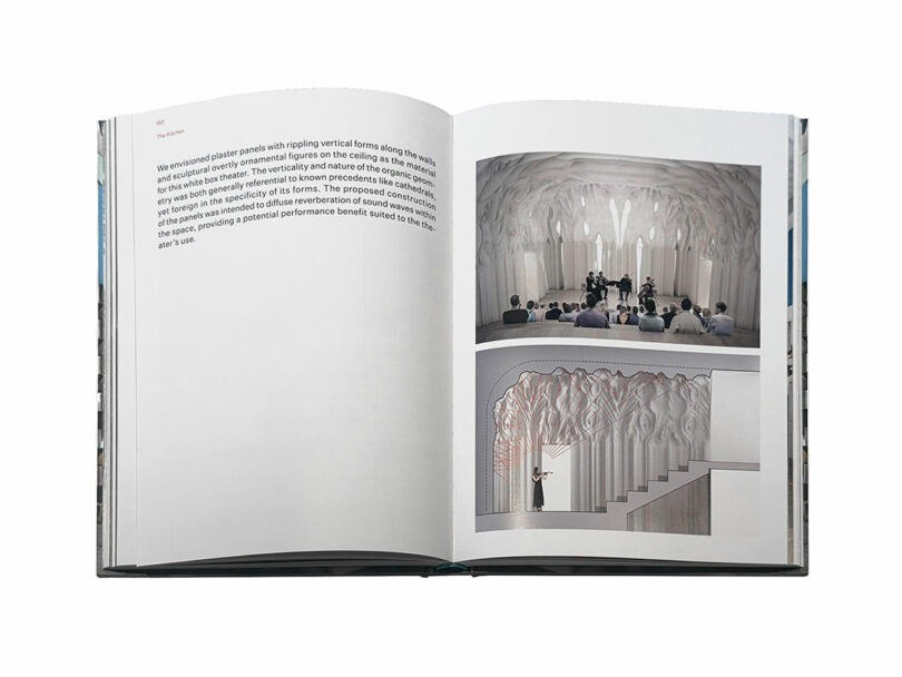 An open book showing architectural blueprints and structural renderings of a design project.
