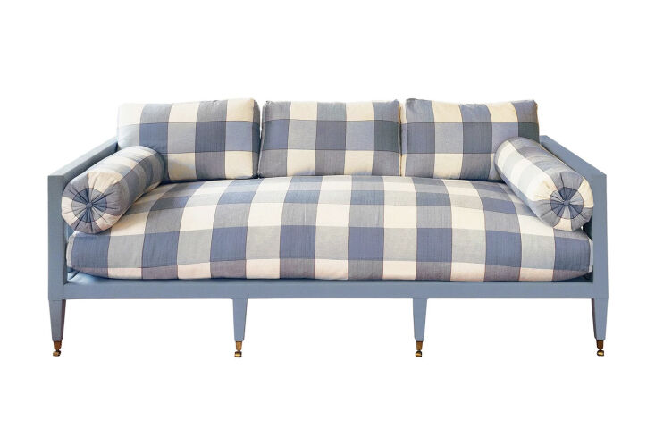 Beata Heuman Frame Sofa upholstered in a classic mid-blue and white gingham fabric.