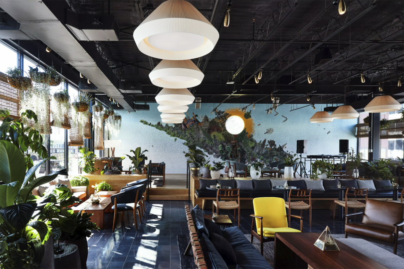 The contemporary interior of a boutique hotel lounge.