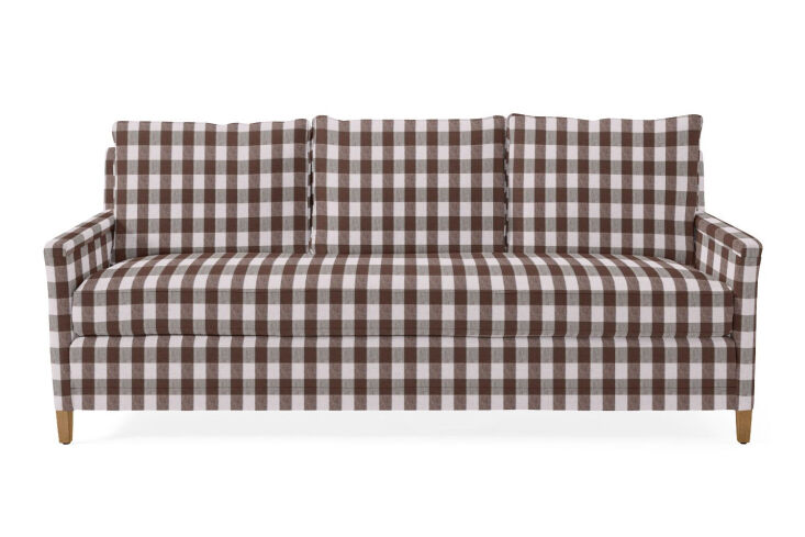 Serena & Lily Spruce Street Sofa in Gingham Earth linen upholstery.