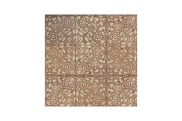 Detailed view of patterned Victorian 16 antique tiles used as a kitchen backsplash.