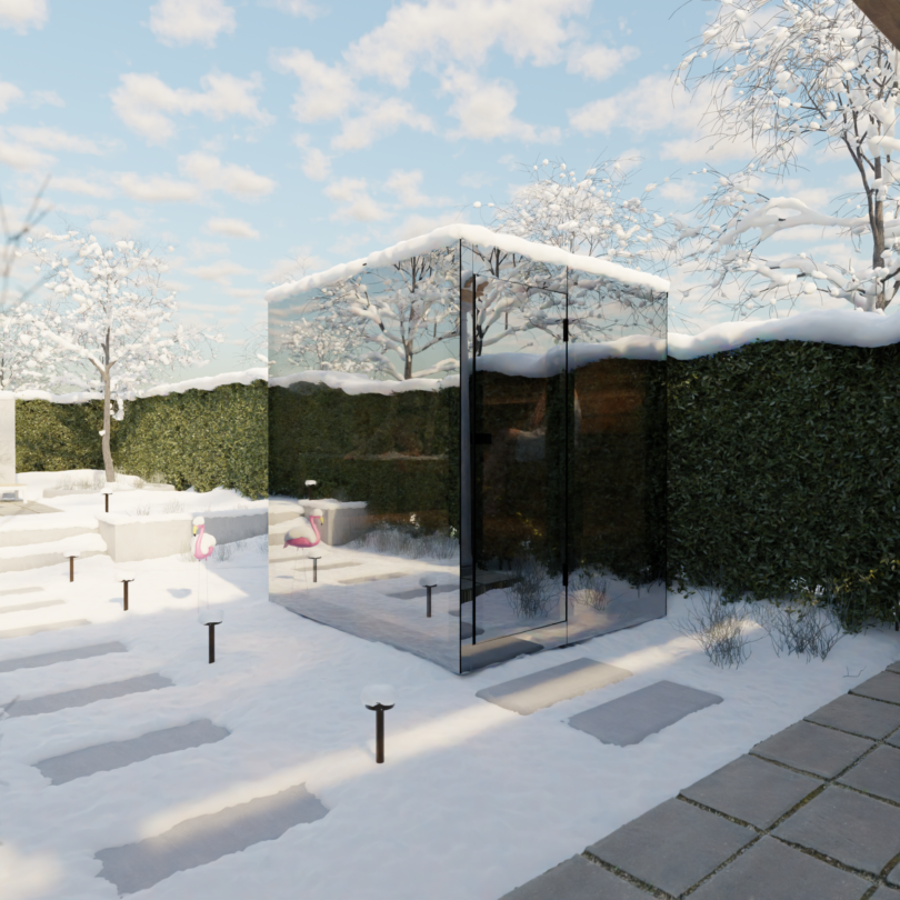 A mirrored glass cube structure reflecting a snow-covered garden and sunny winter sky.