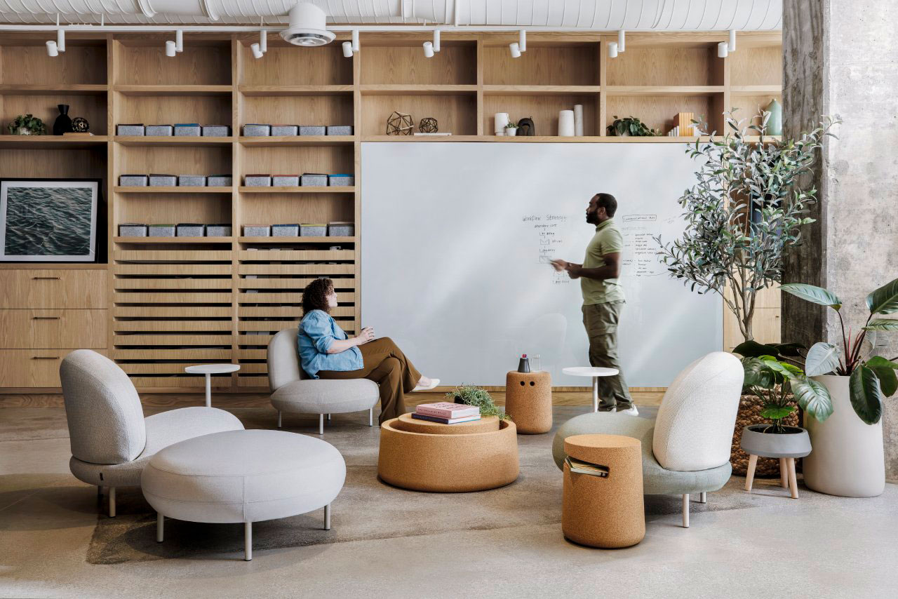 A group shot of the Studio TK cork table collection highlighting their smooth, rounded edges.