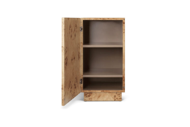 A square burl wood pedestal side table with a hidden internal shelf.