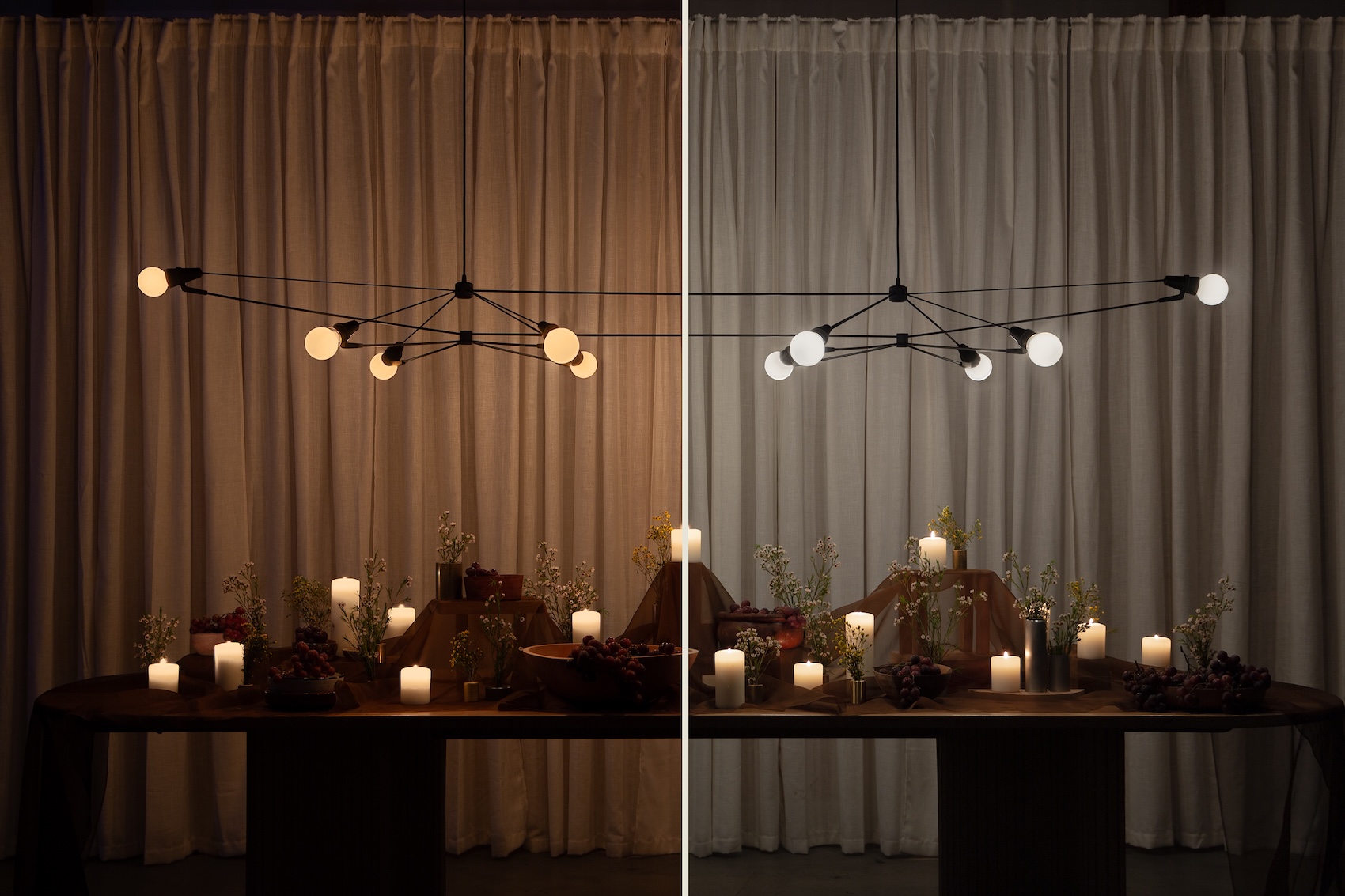 Side-by-side comparison of two chandeliers: the left side with warm DTW bulbs and the right side with cooler standard LEDs.